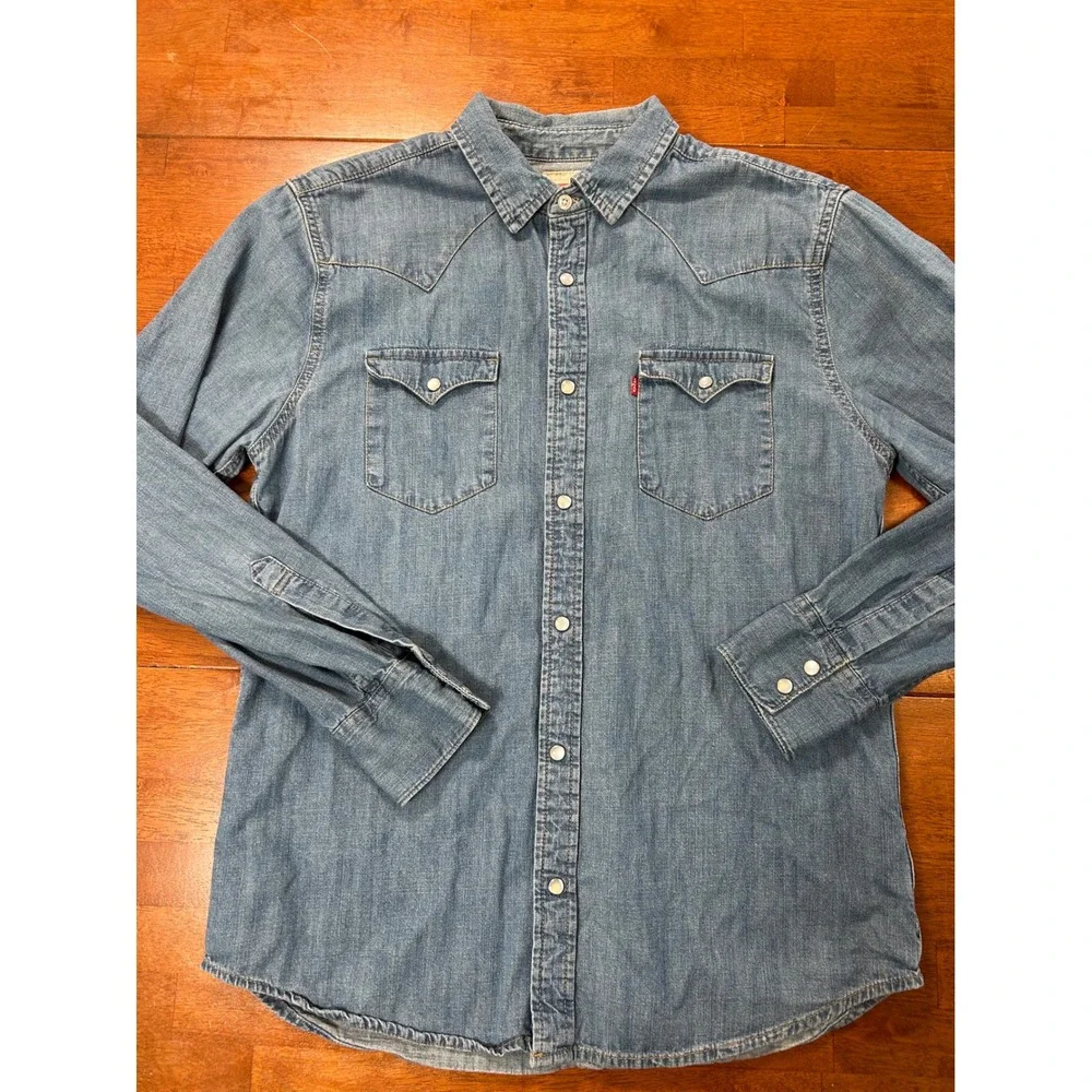 Levi's Denim Western Shirt Mens Medium Blue Pearl Snap Long Sleeve Cotton